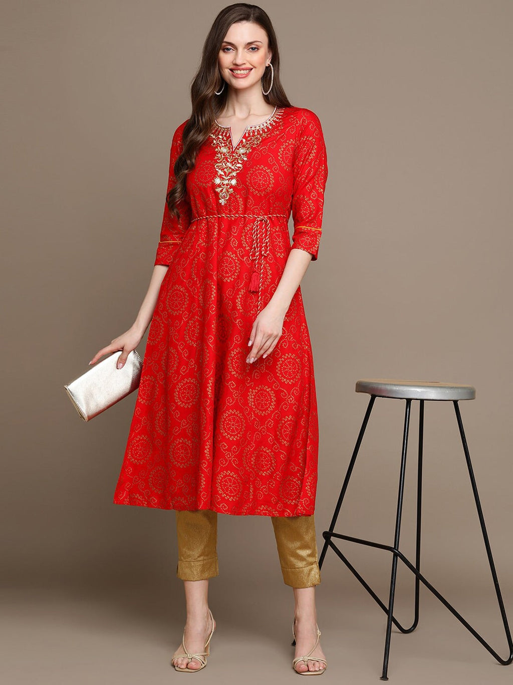 HERE&NOW Bandhani Printed Thread Work Embroidered Anarkali Kurta | Grocsy