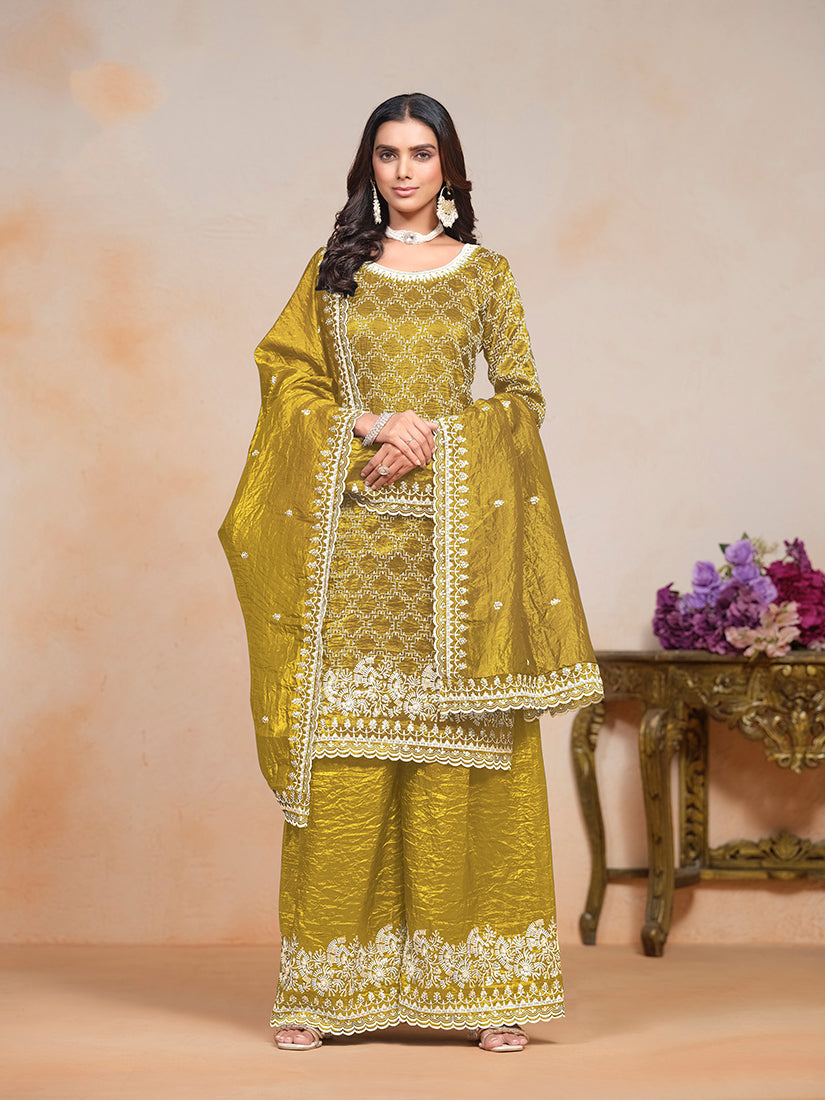 Monjolika Fashion Mustard Color Embroidered Santoon Art Silk Salwar Suit | Grocsy
