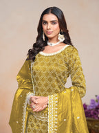 Monjolika Fashion Mustard Color Embroidered Santoon Art Silk Salwar Suit | Grocsy