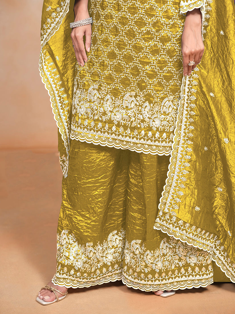 Monjolika Fashion Mustard Color Embroidered Santoon Art Silk Salwar Suit | Grocsy