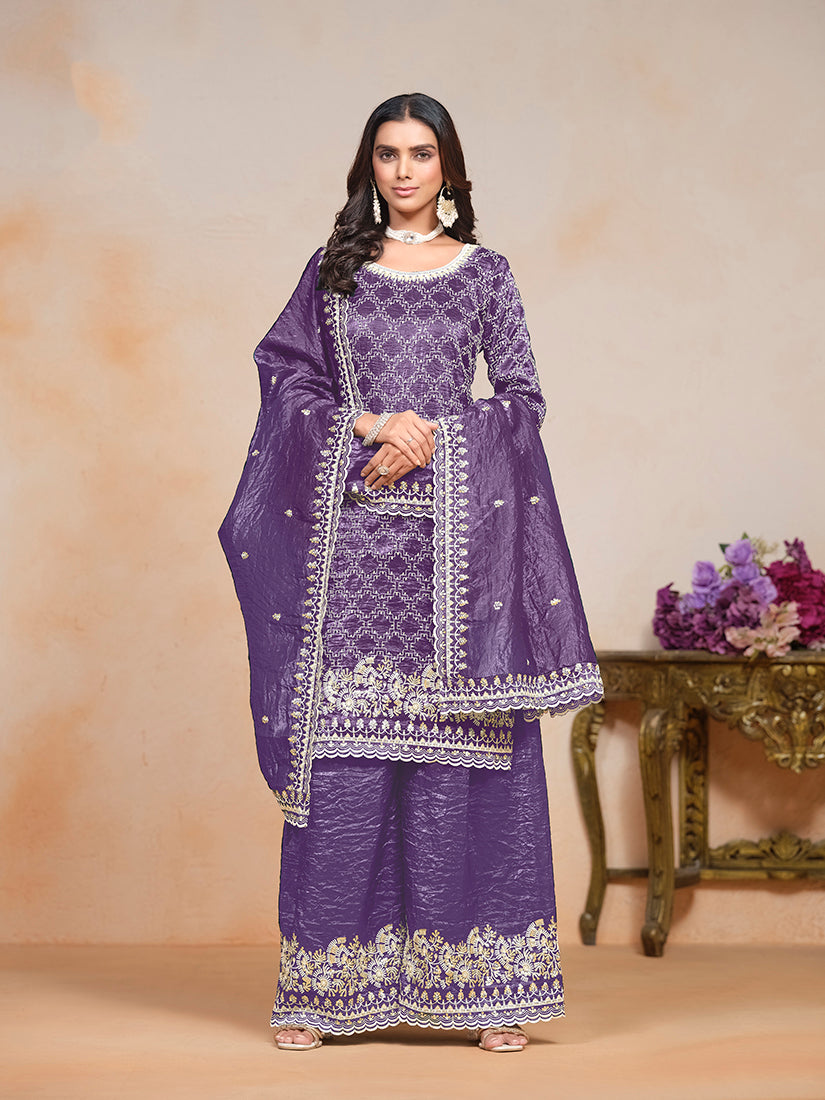 Monjolika Fashion Violet Color Embroidered Santoon Art Silk Salwar Suit | Grocsy