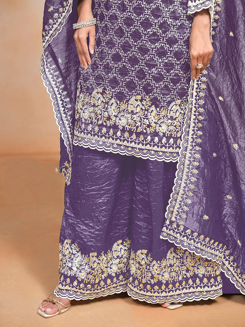 Monjolika Fashion Violet Color Embroidered Santoon Art Silk Salwar Suit | Grocsy