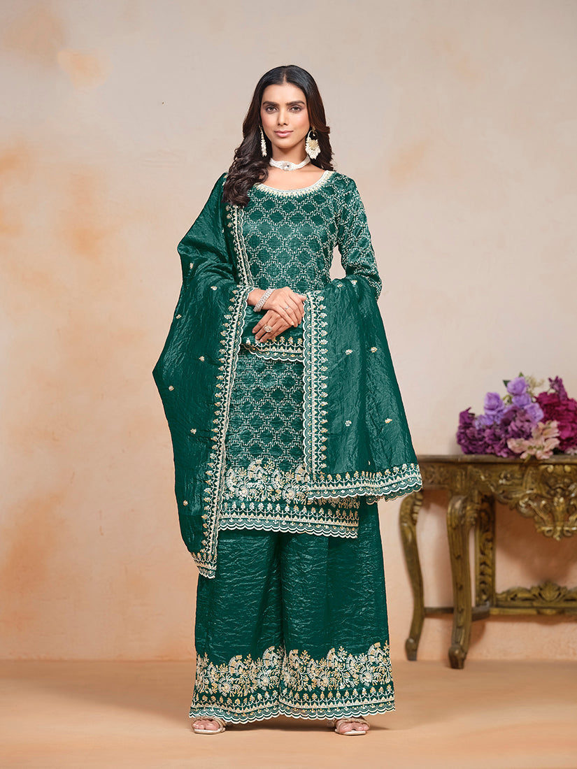 Monjolika Fashion Teal-Green Color Embroidered Santoon Art Silk Salwar Suit | Grocsy