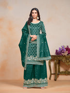 Monjolika Fashion Teal-Green Color Embroidered Santoon Art Silk Salwar Suit | Grocsy