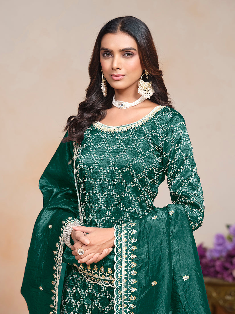 Monjolika Fashion Teal-Green Color Embroidered Santoon Art Silk Salwar Suit | Grocsy