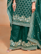 Monjolika Fashion Teal-Green Color Embroidered Santoon Art Silk Salwar Suit | Grocsy