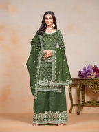 Monjolika Fashion Dark-Green Color Embroidered Santoon Art Silk Salwar Suit | Grocsy