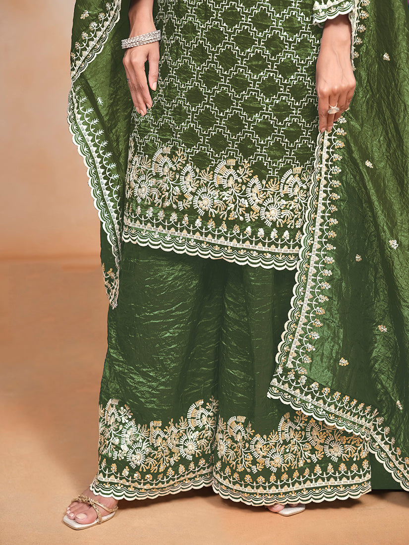 Monjolika Fashion Dark-Green Color Embroidered Santoon Art Silk Salwar Suit | Grocsy