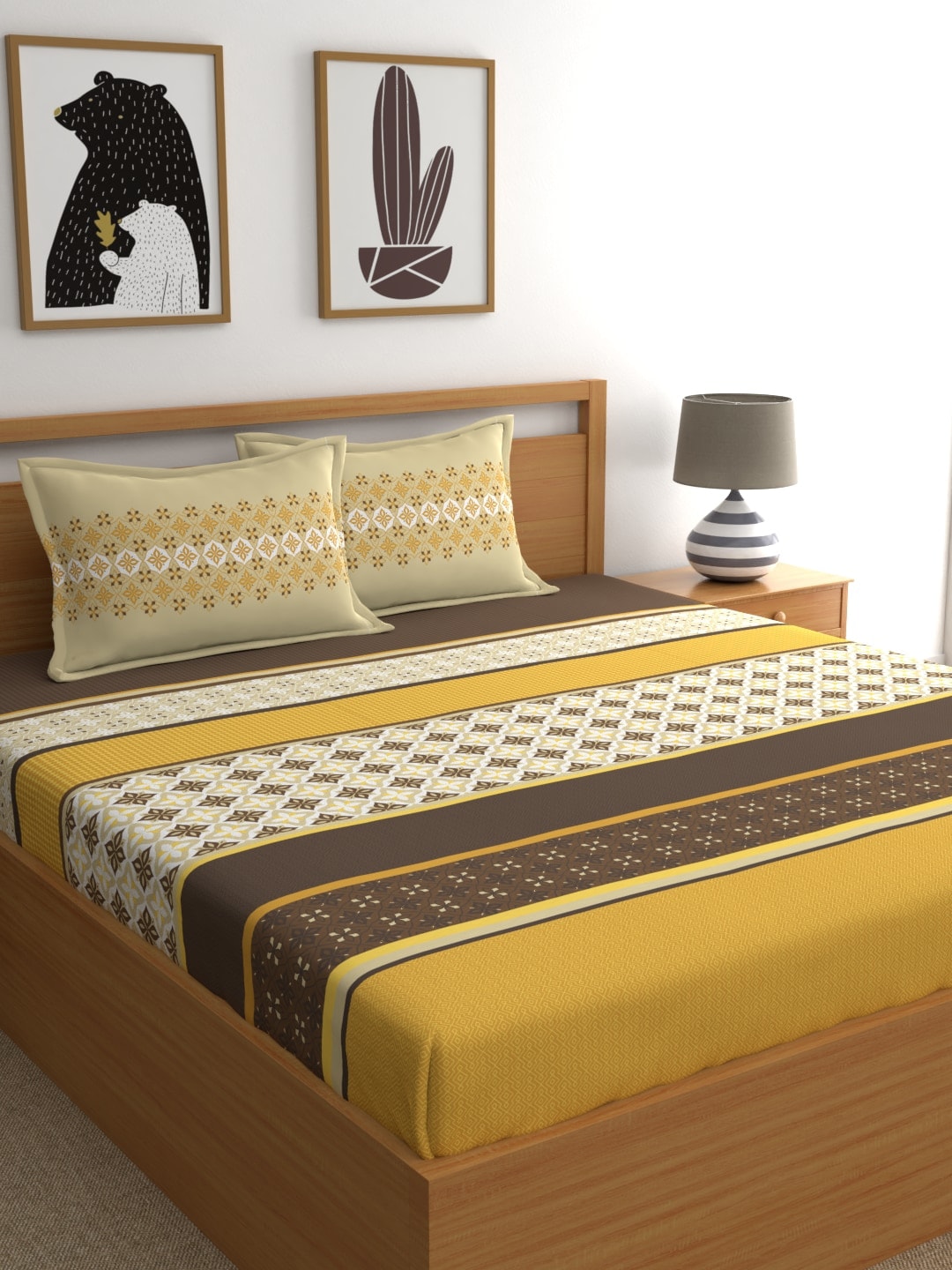 Home Ecstasy Mustard & White Ethnic Motifs 140 TC King Bedsheet with 2 Pillow Covers | Grocsy