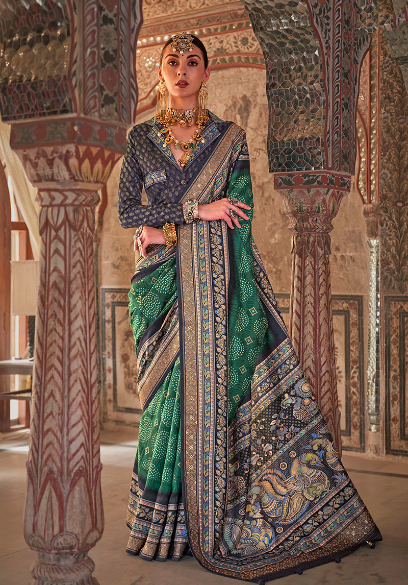 Monjolika Fashion Green Printed Viscose Silk Designer Traditional Saree | Grocsy