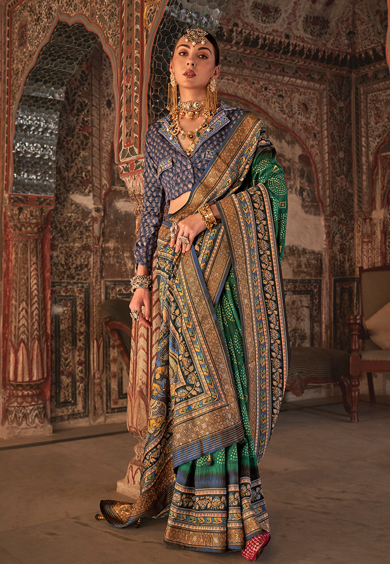 Monjolika Fashion Green Printed Viscose Silk Designer Traditional Saree | Grocsy
