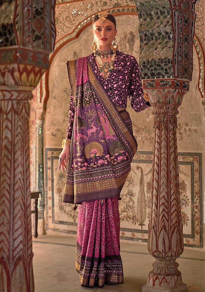 Monjolika Fashion Dark Pink Printed Viscose Silk Designer Traditional Saree | Grocsy