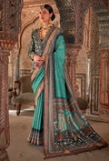 Monjolika Fashion Aqua Blue Printed Viscose Silk Designer Traditional Saree | Grocsy