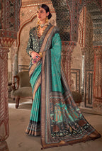 Monjolika Fashion Aqua Blue Printed Viscose Silk Designer Traditional Saree | Grocsy