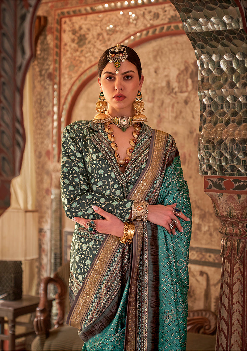 Monjolika Fashion Aqua Blue Printed Viscose Silk Designer Traditional Saree | Grocsy