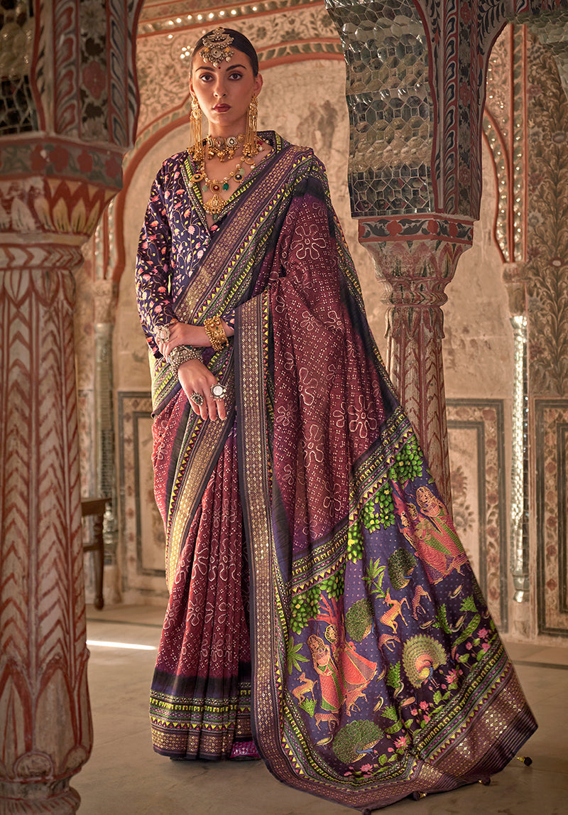 Monjolika Fashion Maroon Printed Viscose Silk Designer Traditional Saree | Grocsy