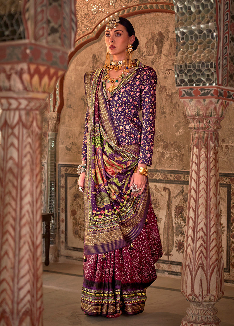 Monjolika Fashion Maroon Printed Viscose Silk Designer Traditional Saree | Grocsy