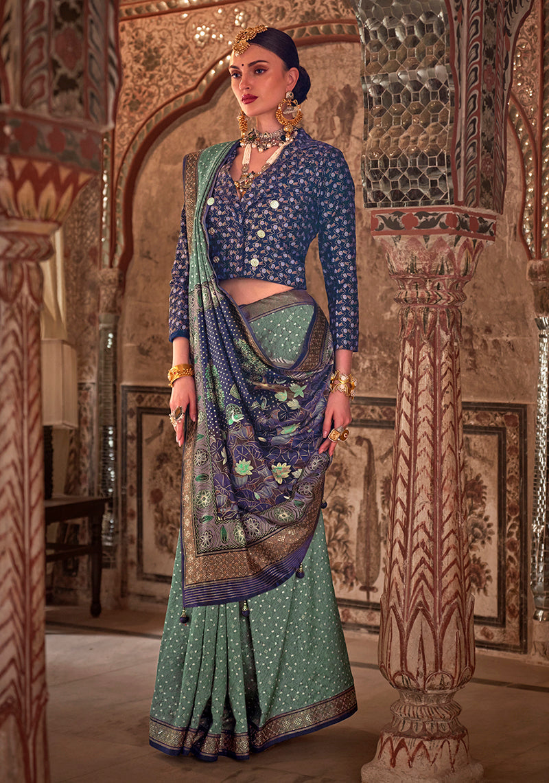 Monjolika Fashion Green Printed Viscose Silk Designer Traditional Saree | Grocsy
