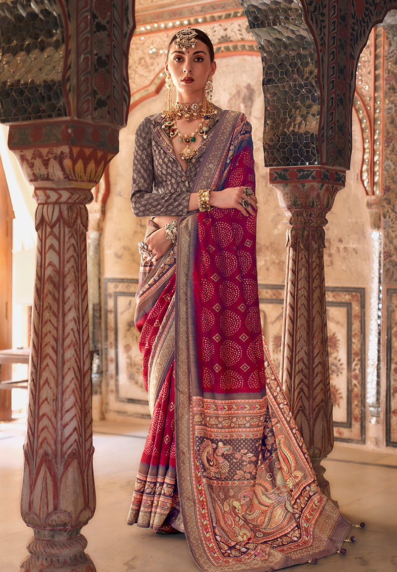 Monjolika Fashion Dark Red Printed Viscose Silk Designer Traditional Saree | Grocsy