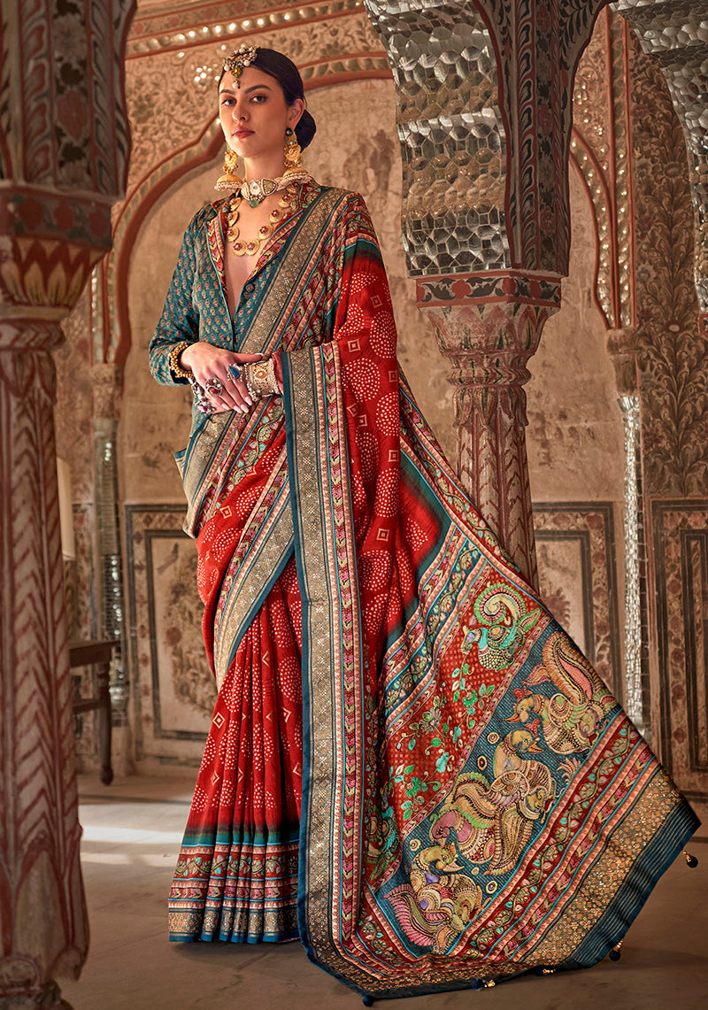 Monjolika Fashion Orange Printed Viscose Silk Designer Traditional Saree | Grocsy