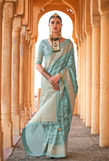 Monjolika Fashion Viscose Turquoise Foil Print Contemporary Saree | Grocsy