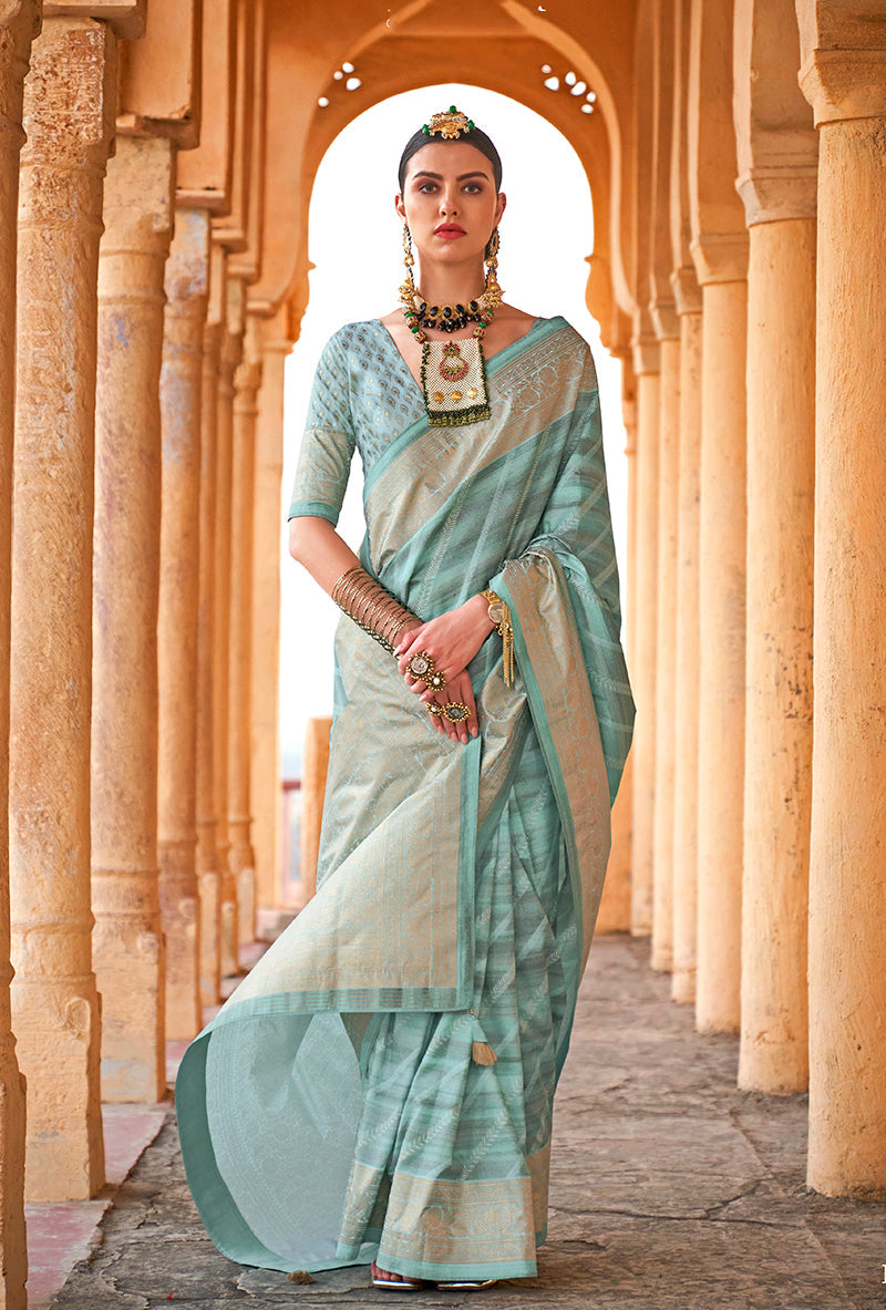Monjolika Fashion Viscose Turquoise Foil Print Contemporary Saree | Grocsy