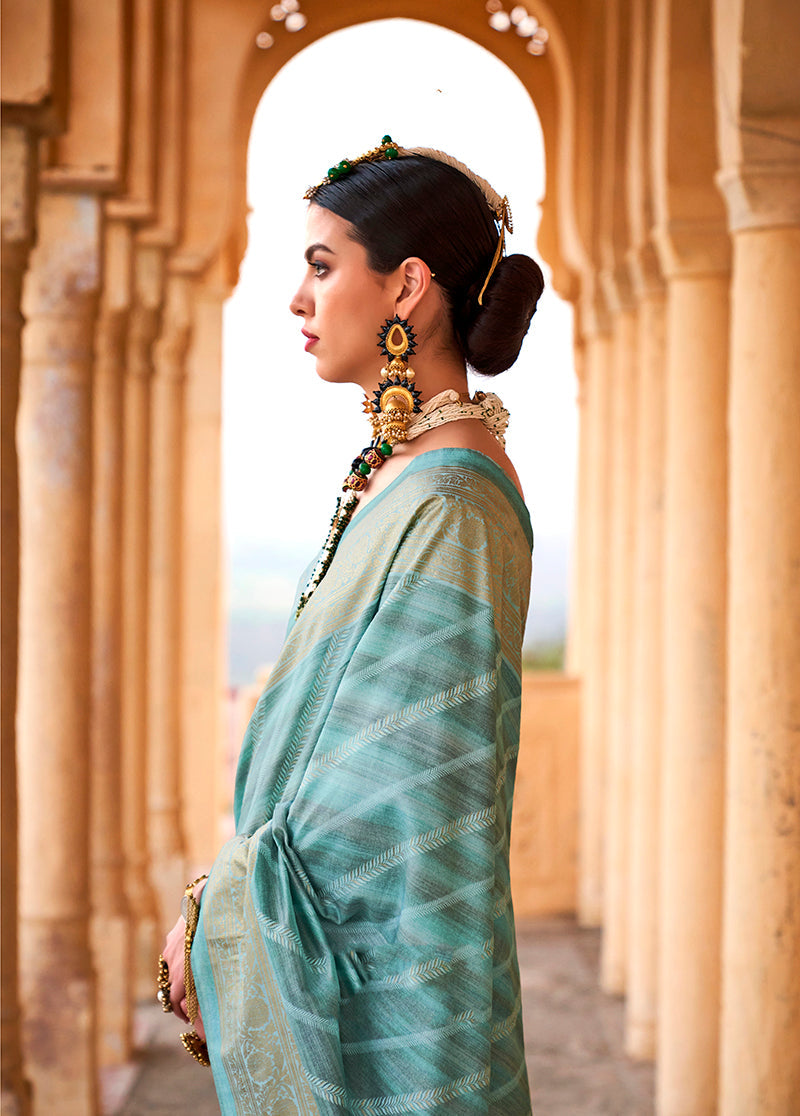 Monjolika Fashion Viscose Turquoise Foil Print Contemporary Saree | Grocsy