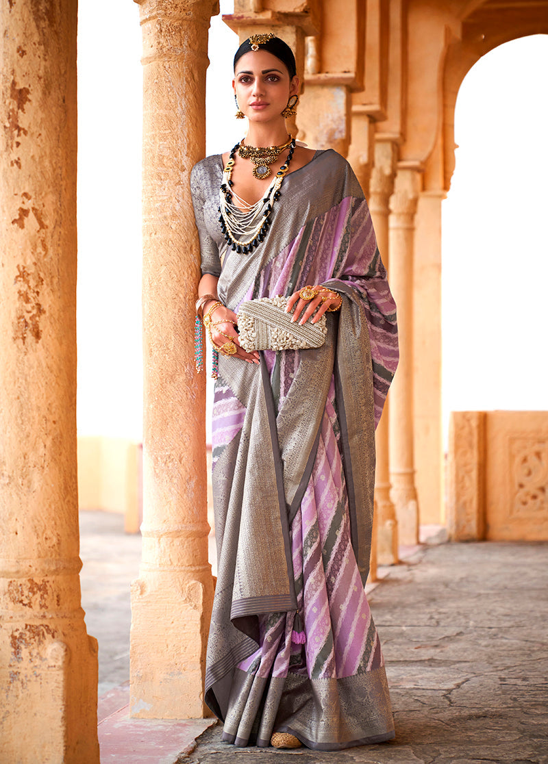 Monjolika Fashion Viscose Lavender Foil Print Contemporary Saree | Grocsy