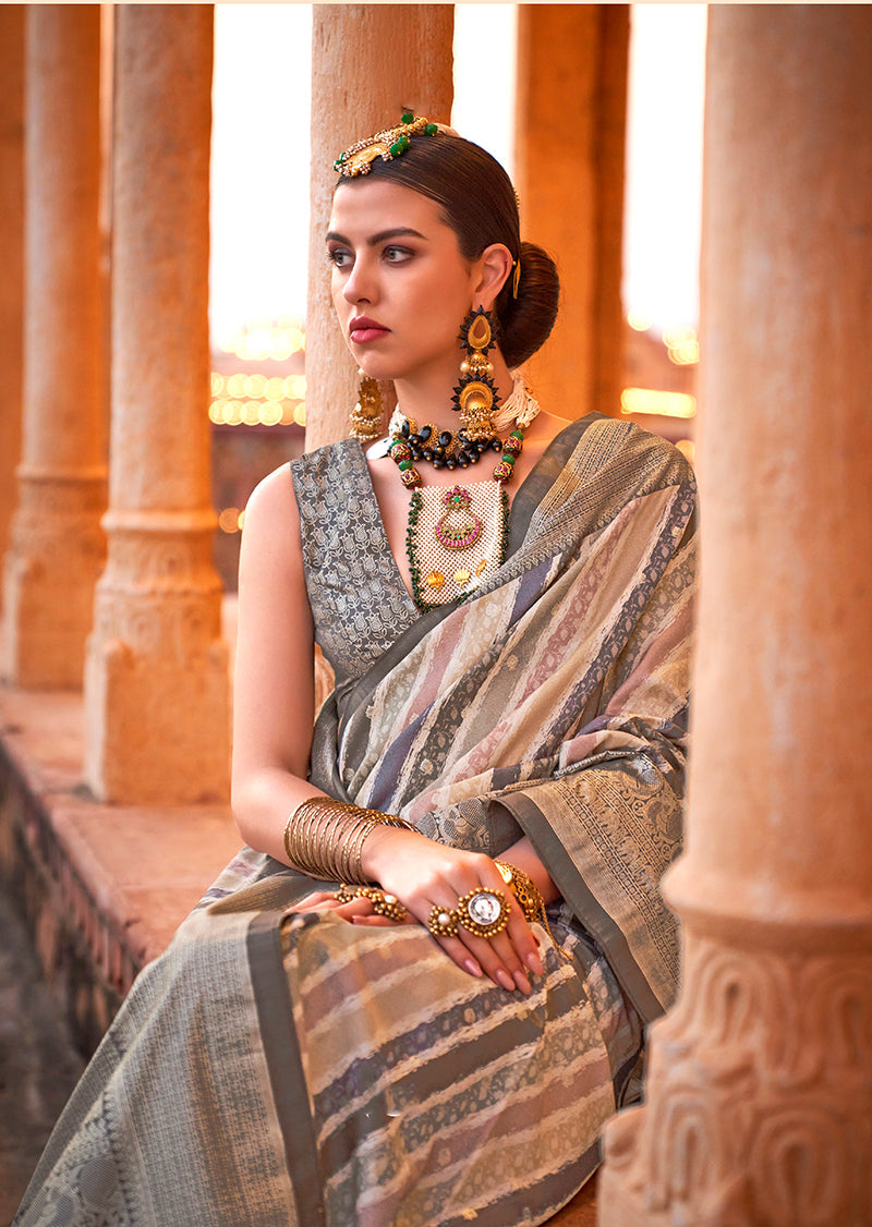 Monjolika Fashion Viscose Slate Grey Foil Print Contemporary Saree | Grocsy