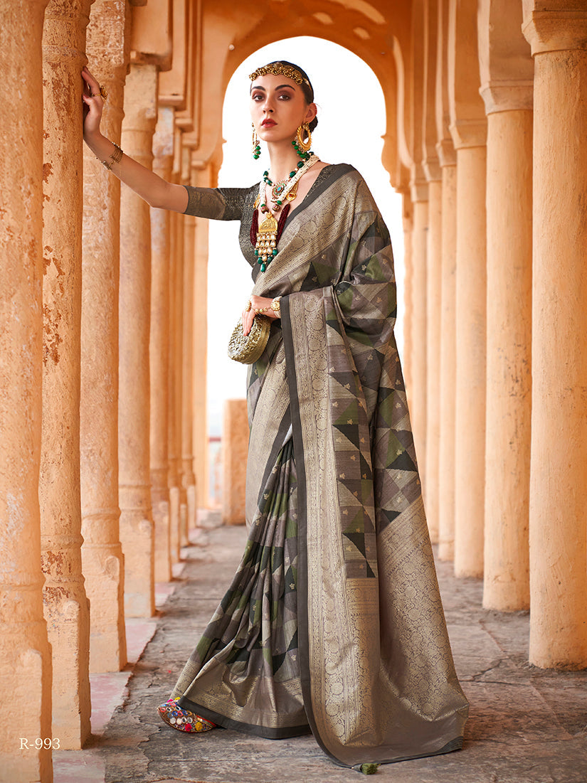 Monjolika Fashion Viscose Dark Grey Colour Foil Print Contemporary Saree | Grocsy