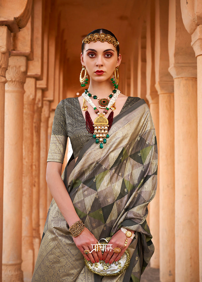 Monjolika Fashion Viscose Dark Grey Colour Foil Print Contemporary Saree | Grocsy