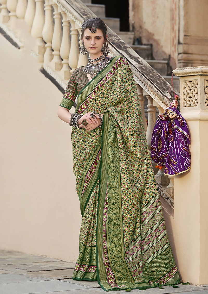Monjolika Fashion Silk Patola Print Green Traditional Saree | Grocsy