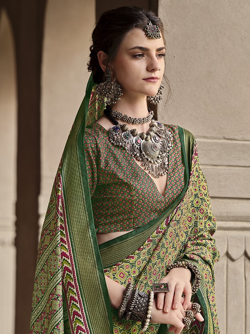 Monjolika Fashion Silk Patola Print Green Traditional Saree | Grocsy