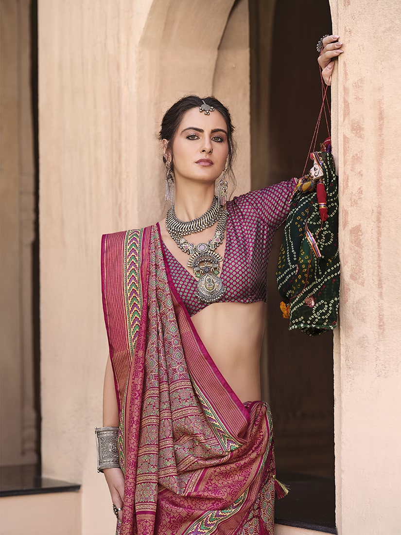 Monjolika Fashion Silk Patola Print Maroon Traditional Saree | Grocsy