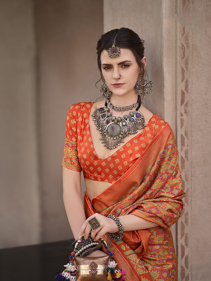 Monjolika Fashion Silk Patola Print Orange Traditional Saree | Grocsy