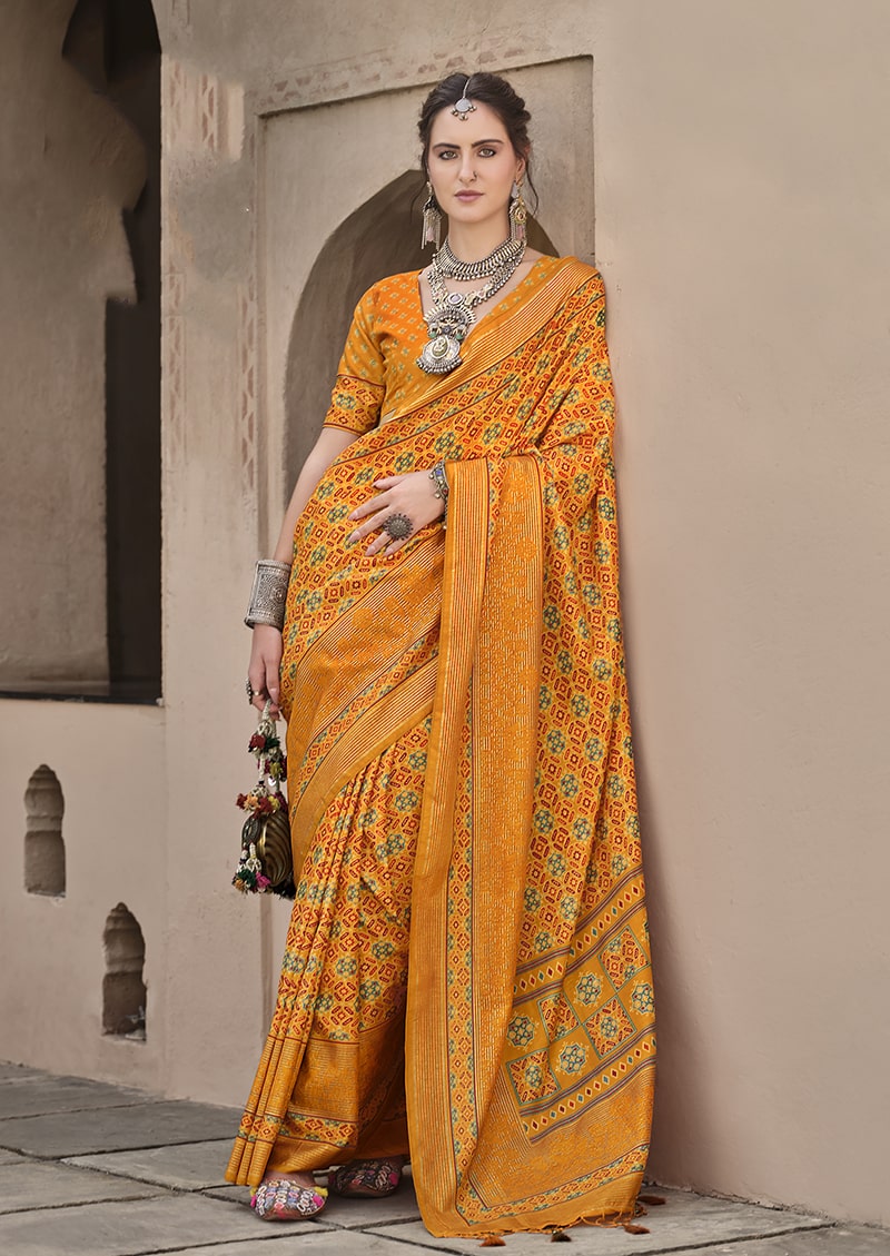 Monjolika Fashion Silk Patola Print Amber Traditional Saree | Grocsy