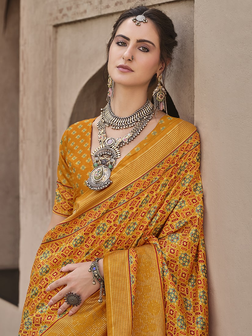 Monjolika Fashion Silk Patola Print Amber Traditional Saree | Grocsy
