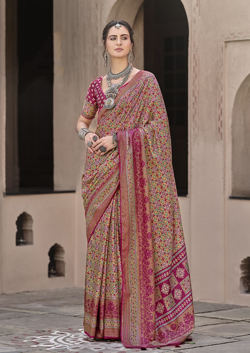 Monjolika Fashion Silk Patola Print Rani Pink Traditional Saree | Grocsy