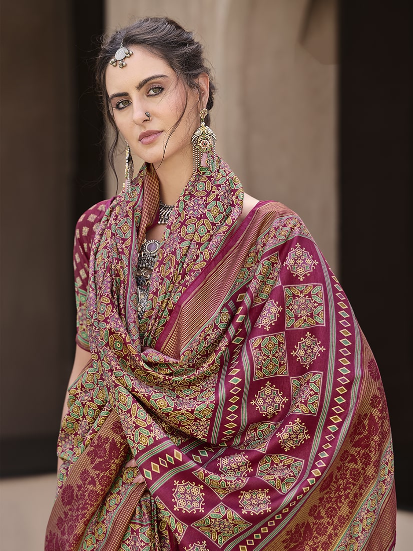 Monjolika Fashion Silk Patola Print Rani Pink Traditional Saree | Grocsy