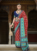 Monjolika Fashion Red And Aqua Blue Patola Print Silk Festival Trendy Saree | Grocsy