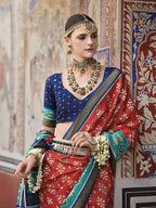 Monjolika Fashion Red And Aqua Blue Patola Print Silk Festival Trendy Saree | Grocsy
