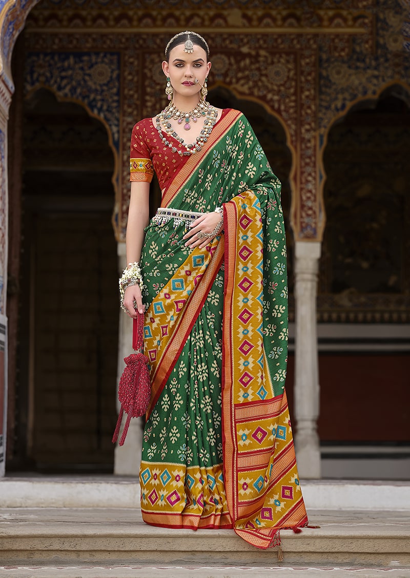 Monjolika Fashion Green And Mustard Patola Print Silk Festival Trendy Saree | Grocsy