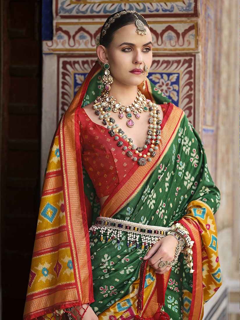 Monjolika Fashion Green And Mustard Patola Print Silk Festival Trendy Saree | Grocsy