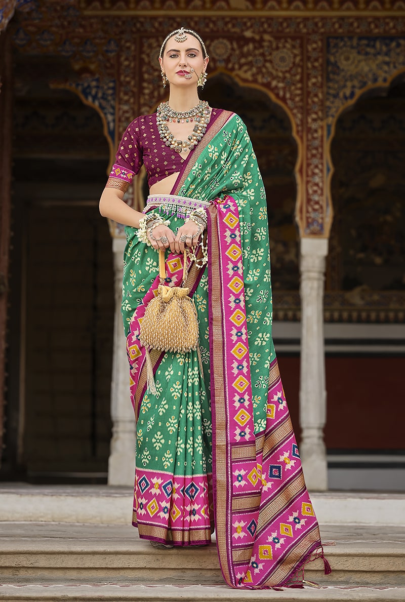 Monjolika Fashion Light Green And Pink Patola Print Silk Festival Trendy Saree | Grocsy