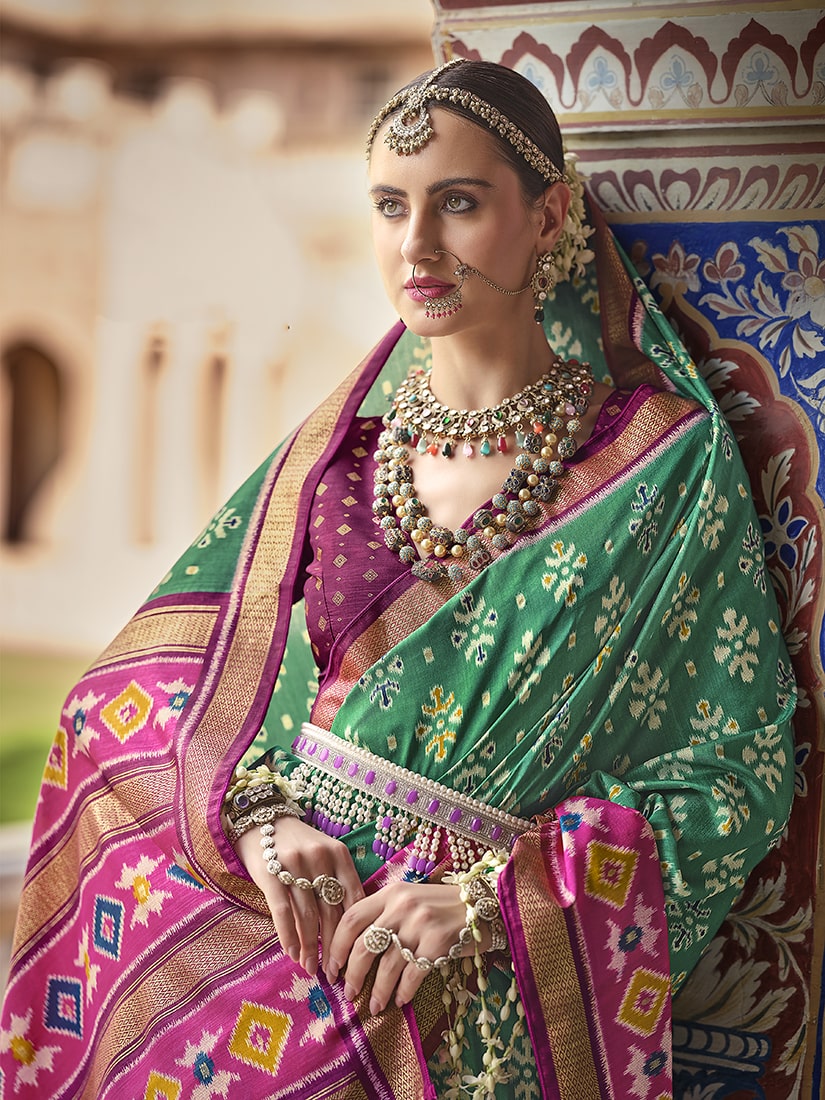 Monjolika Fashion Light Green And Pink Patola Print Silk Festival Trendy Saree | Grocsy