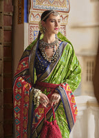 Monjolika Fashion Parrot Green And Red Patola Print Silk Festival Trendy Saree | Grocsy