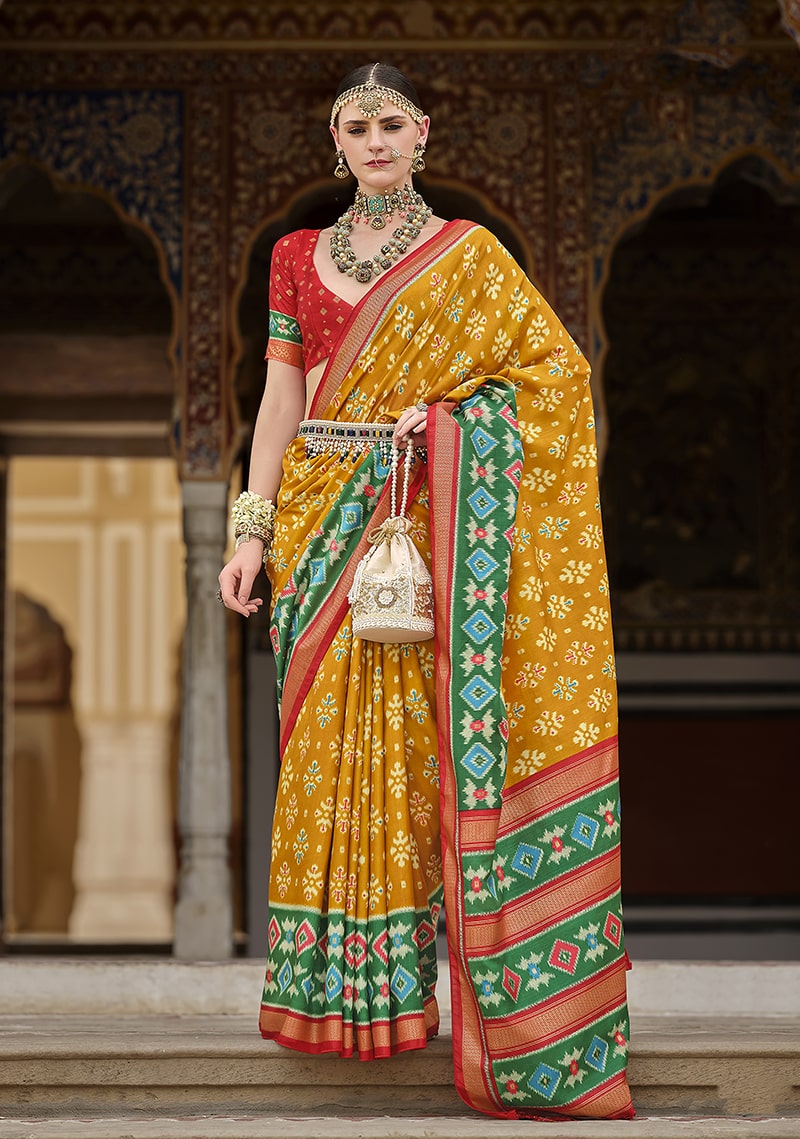Monjolika Fashion Mustard And Green Patola Print Silk Festival Trendy Saree | Grocsy