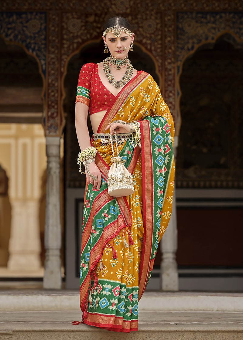Monjolika Fashion Mustard And Green Patola Print Silk Festival Trendy Saree | Grocsy