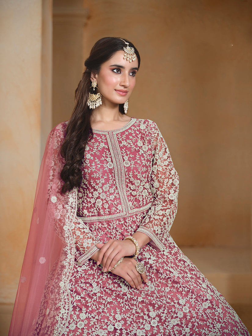 Monjolika Fashion Pink Color Embroidered Santoon Net Salwar Suit | Grocsy