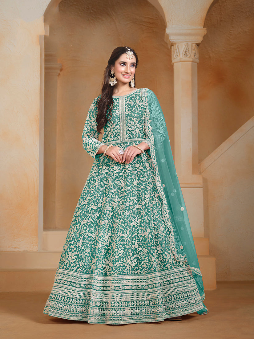 Monjolika Fashion Turquoise Color Embroidered Santoon Net Salwar Suit | Grocsy